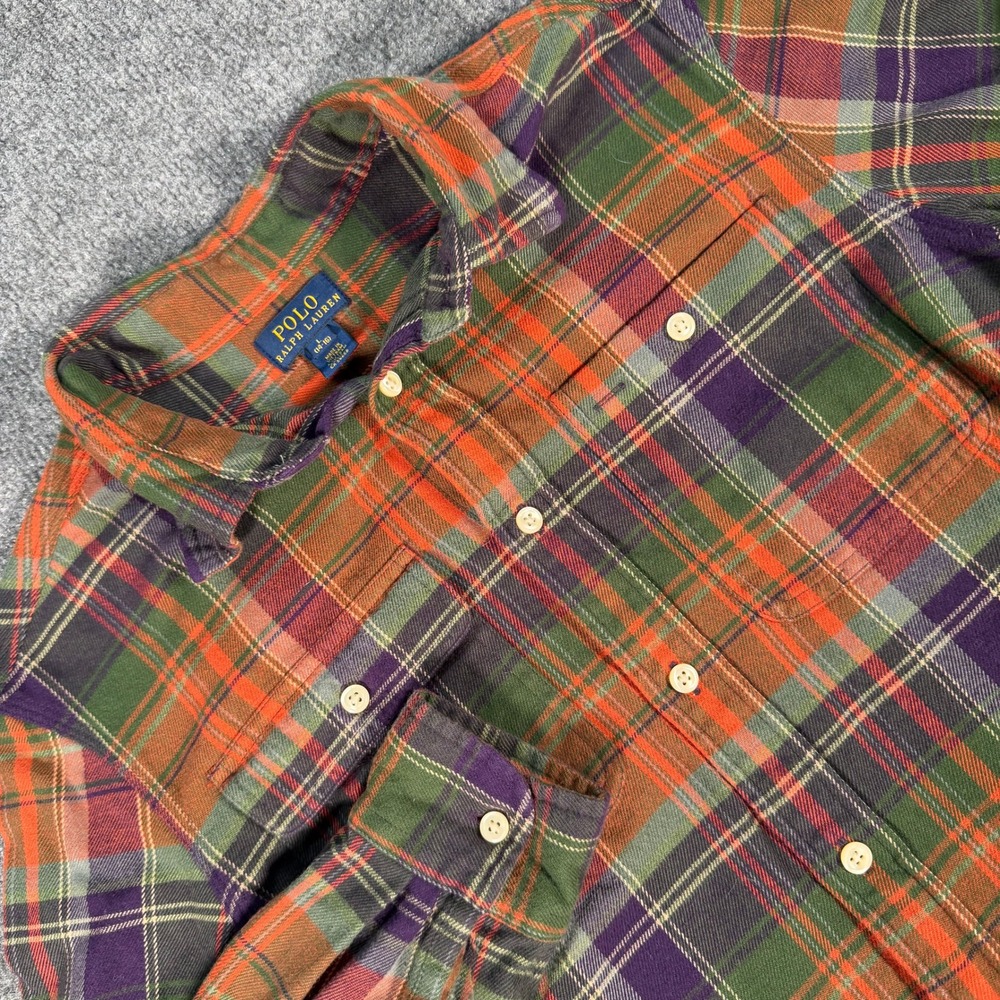 Polo Ralph Lauren Boys Flannel Shirt Large 14-16 Orange Plaid Button Down #4609